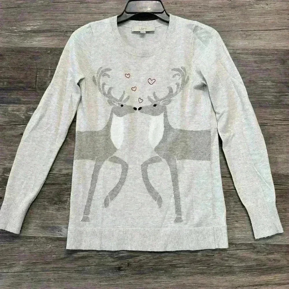 LOFT Gray Reindeer Christmas Sweater Size XXS - Picture 1 of 4